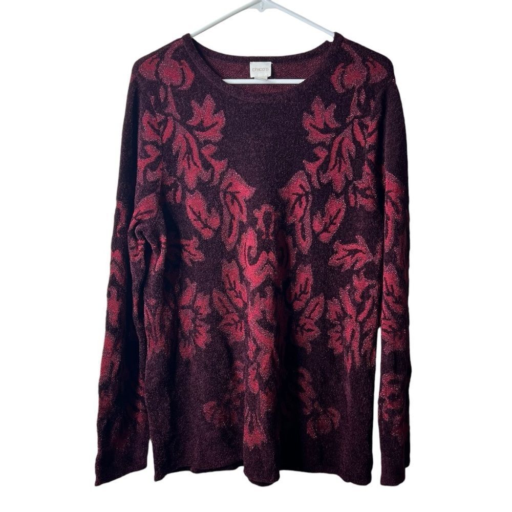 Chicos Burgundy Brocade Paisley Pullover Sweater 3